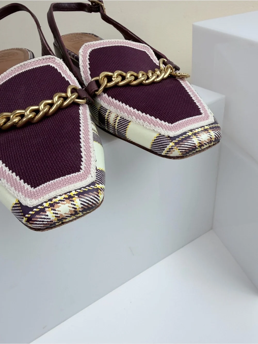 Tory Burch Mini Benton Charm Slingback Loafers Size 10.5 Plaid Burgundy